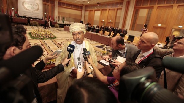 Oman's minister of financial affairs, Darwish Ali Al-Balushi, speaks to members of the media during the first day of the Arab Finance Ministers summit meeting in Dubai on April 2, 2013. (REUTERS/Jumana El Heloueh)