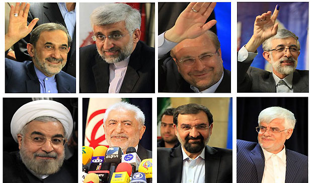 A combo picture made up by the recent pictures taken on various dates at the Iranian Interior Ministry during the registration for Iran's upcoming presidential election on 14 June, in Tehran, Iran, showing the eight candidates who are accepted by the Guardian Council to stand in Iran's 14 June 2013 presidential elections. (EPA/Abedin Tahkerenareh)