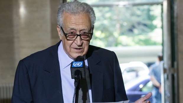 The UN joint special representative for Syria, Lakhdar Brahimi, briefs the media after a meeting with the Russian deputy foreign ministers Mikhail Bogdanov and Gennady Gatilov and US under-secretary of state for political affairs Wendy Sherman, to find a political solution to the crisis in Syria, at the European headquarters of the United Nations, in Geneva, Switzerland on Wednesday, June 5, 2013. (AP Photo/Keystone, Salvatore Di Nolfi)