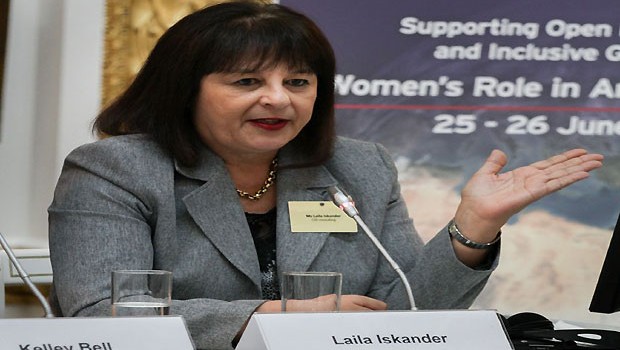 Laila Iskander, an Egyptian social entrepreneur and consultant, takes part in a panel at the G8 Deuville conference in London, on 26 June 2013 (James Hanna/Asharq Al-Awsat)