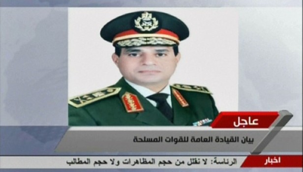 An image grab taken from Egyptian state television Al-Masriya on July 1, 2013 shows an image of Egypt's Defence Minister and armed forces chief General Abdul Fatah Al-Sissi as a statement was read warning that Egypt's armed forces will intervene if the people's demands are not met within 48 hours, after millions took to the streets to demand the resignation of Islamist President Mohamed Mursi. AFP PHOTO / AL-MASRIYA TV