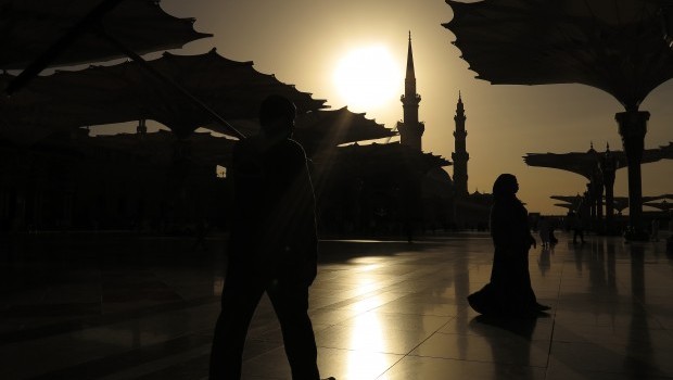 Worshipers visit the Prophet's Mosque in Medina, Saudi Arabia. (AP Photo/ Hadi Mizban)