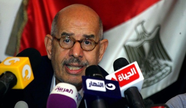  A file photo dated 16 June 2013 shows Egyptian opposition leader and Nobel Peace Prize laureate, Mohammed El-Baradei speaking during a visit to support artists staging a sit-in at the ministry of culture, in Cairo, Egypt. (EPA)