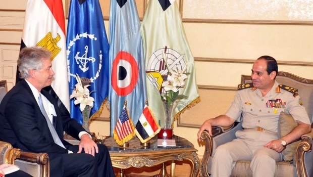 This photo posted on the official Facebook page for Egypt's Army spokesman on Monday, July 15, 2013 shows U.S. Deputy Secretary of State William Burns, left, meeting with Defense Minister Gen. Abdel-Fattah el-Sissi, right, in Cairo.(AP Photo/Egypt Army spokesman via Facebook.)