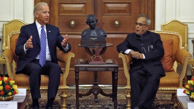 U.S. Vice President Joe Biden (L) speaks with India's President Pranab Mukherjee before their meeting at the Rashtrapati Bhavan presidential palace in New Delhi July 23, 2013 (REUTERS/Adnan Abidi)