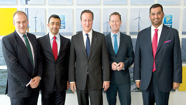 From left to right: UK secretary of state for energy and climate change Ed Davey, UAE foreign minister Abdullah Bin Zayed Al Nahyan, British PM David Cameron, UK minister of state at the Department of Energy and Climate Change Greg Barker, and  UAE minister of state and CEO of the Abu Dhabi-based Masdar Dr. Sultan Ahmed Al Jaber. (Asharq Al-Awsat)