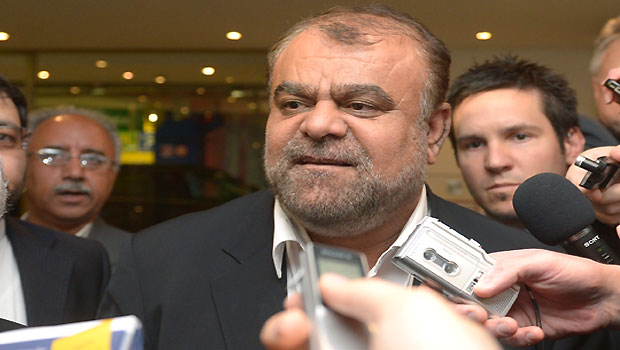 Iran's Minister of Petroleum Rostam Ghasemi talks to journalists as he arrives at a hotel for the Organization of the Petroleum Exporting Countries, OPEC, conference in Vienna, Austria, Thursday, May 30, 2012. (AP /Hans Punz)