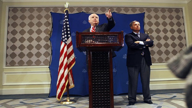 U.S. Senators John McCain, left, and Lindsey Graham, R-S.C., right, hold a press conference in Cairo, Egypt, Tuesday, Aug. 6, 2013. (AP Photo/Amr Nabil)