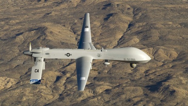 A US Air Force MQ-1 Predator unmanned aerial vehicle assigned to the California Air National Guard's 163rd Reconnaissance Wing flies near the Southern California Logistics Airport in Victorville, California in this January 7, 2012 handout photo. (Reuters/US Air Force)