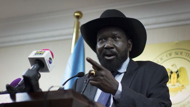 South Sudanese President Salva Kiir speaks to the media at a press conference in Juba, South Sudan on Monday, January 20, 2014. (AP Photo/Mackenzie Knowles-Coursin)