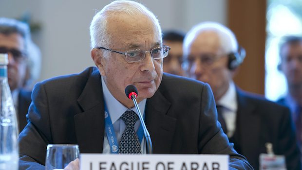 A UN handout photo of Arab League Secretary-General Nabil Elaraby speaking at the Syrian peace talks in Montreux, Switzerland, in Jnuary 2014. (EPA/JEAN-MARC FERRE/HANDOUT)