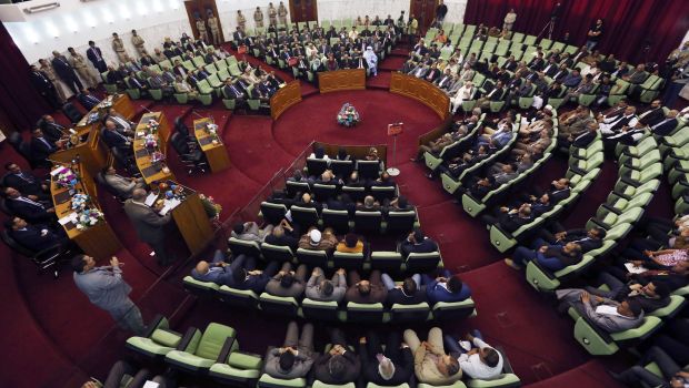 Members of the special body tasked to draft a new constitution for Libya and members of the General National Congress (GNC) gather during the body's first meeting in Bayda April 21, 2014. (REUTERS/Esam Omran Al-Fetori)