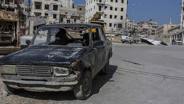 A bombed-out street in Aleppo. (Asharq Al-Awsat/Hannah Lucinda Smith)
