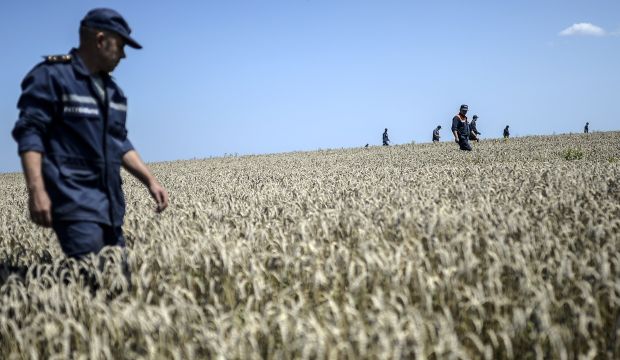 Members of the  Ukrainian State Emergency Service search for bodies in a field near the crash site of the Malaysia Airlines Flight MH17 near the village of Hrabove, in Donetsk, on July 26, 2014. (AFP PHOTO/ BULENT KILIC)