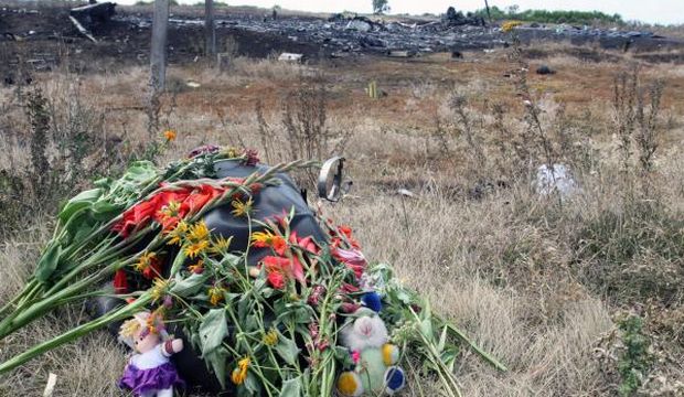 Flowers and soft toys on the ground at the main crash site of the Boeing 777 Malaysia Airlines flight MH17, which crashed over the eastern Ukraine region, near Grabovo, some 100 km east of Donetsk, Ukraine, July 17 2014. (EPA/IGOR KOVALENKO)