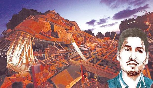 This August 20, 2014 file photo shows rubble from the presumed home of the leader of Hamas’s Al-Qassam Brigades, Mohammed Deif, in the Sheikh Radwan district in Gaza, with an artist’s impression (Bottom-R) of Deif's possible appearance now. (Asharq Al-Awsat)