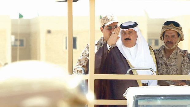 Saudi National Guard Minister Prince Miteb Bin Abdullah waves to troops in Arar. (Asharq Al-Awsat/Abdullah Al-Mohsen)