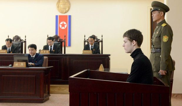 US citizen Matthew Todd Miller (2nd R) sits in a witness box during his trial at the North Korean Supreme Court in Pyongyang September 14, 2014, in this photo released by Kyodo. (REUTERS/Kyodo)
