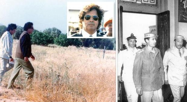 Left photograph shows late Libyan dictator Muammar Gaddafi (R) walking with his cousin and aide Ahmed Gaddaf Al-Dam (shown in center picture). On the right, Gaddafi (C) walks with former Egyptian president Anwar Sadat (R) in Cairo, Egypt in the early 1970s. (Asharq Al-Awsat) 