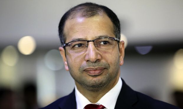 Iraq's Sunni Parliament Speaker Salim Al-Jabouri speaks during a press conference with  Iraqi Prime Minister Nouri al-Maliki, in Baghdad, Iraq, Saturday, July 26, 2014.  (AP Photo/Hadi Mizban)