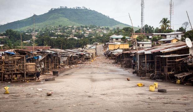 A local market in Freetown, Sierra Leone, is deserted as the government enforces a three day lockdown on movement of all people in a attempt to fight the Ebola virus on September 19, 2014. (AP Photo/Michael Duff)