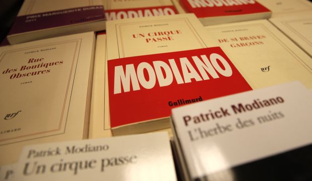 Books by French novelist Patrick Modiano on display in a Paris bookstore, on October 9, 2014. (AP Photo/Christophe Ena)