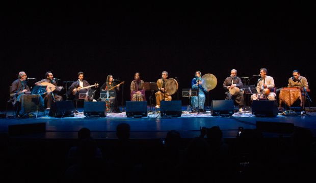 The Kurdish–Iranian ensemble group, the Kamkars, perform at the Barbican Center in London, United Kingdom, on October 1, 2014. (Asharq Al-Awsat/James Hanna)