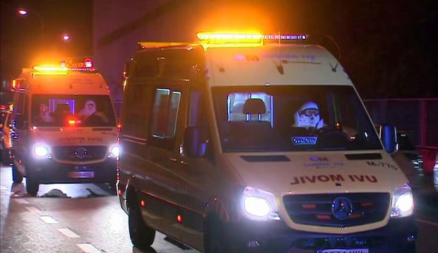 An ambulance carrying a Spanish nurse infected with Ebola arrives at the Carlos III Hospital in Madrid on October 7, 2014. (Reuters/Reuters TV)