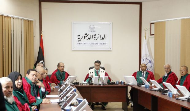Judge Kamal Bashir Dahan (C), head of Libya's Supreme Court, meets with members of the Constitutional Chamber in Tripoli, on November 6, 2014.   (REUTERS/Ismail Zitouny)