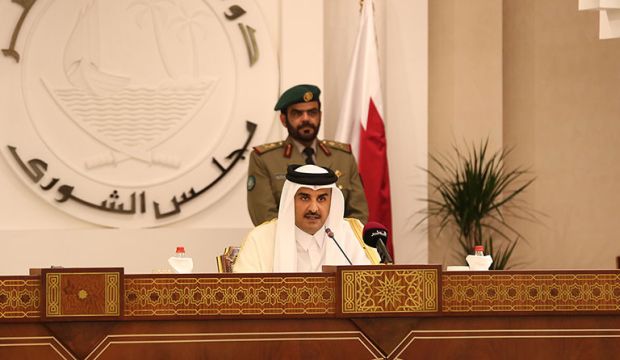 Qatari Emir, Sheikh Tamim Bin Hamad Bin Khalifa (seated), addresses the country's Shura Council in Doha, Qatar, on November 11, 2014 (QNA)