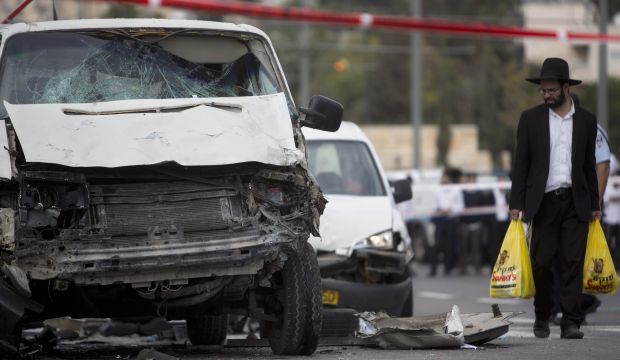 Scene of the car attack in Jerusalem, on November 5, 2014. (AP Photo/Sebastian Scheiner)