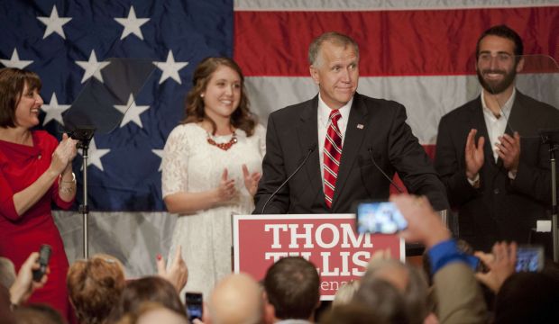 Republican Thom Tillis celebrates after winning the North Carolina Senate seat on November 5, 2014, in North Carolina, United States. (Davis Turner/Getty Images/AFP)