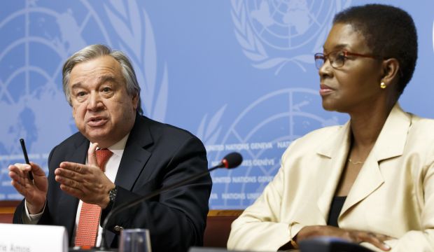Britain's Valerie Amos (R), United Nations Under-Secretary-General for Humanitarian Affairs and Emergency Relief Coordinator, sitting next to United Nations High Commissioner for Refugees, UNHCR, Portugal's Antonio Manuel de Oliveira Guterres (L) as they launch the Global Humanitarian Appeal 2015 to support people affected by disaster and conflict, during a press conference, at the European headquarters of the United Nations in Geneva, on December 8, 2014. (AP Photo/Keystone,Salvatore Di Nolfi)