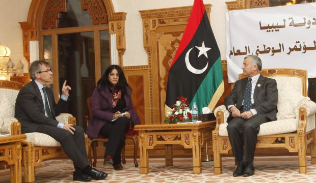 Nouri Abusahmain, the head of Libya's General National Congress (GNC) (R) meets with Bernardino Leon (L) Special Representative of the United Nations (UN) for Libya, in Tripoli, December 8, 2014. (REUTERS/Ismail Zitouny)