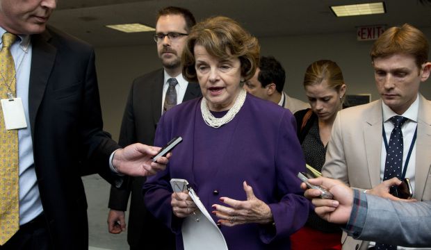Senate Intelligence Chair Sen. Dianne Feinstein is pursued by reporters on Capitol Hill in Washington, US, on June 3, 2014. (AP Photo/Manuel Balce Ceneta, File)