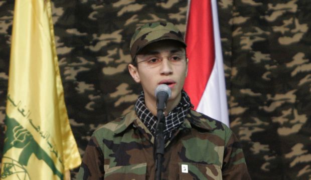 Jihad Mughniyeh, the son of slain top Hezbollah commander Imad Mughniyeh, speaks during a rally to commemorate his father and two other leaders Abbas Musawi and Ragheb Harb, in Beirut, Lebanon, on February 22, 2008. (AP Photo/Hussein Malla)