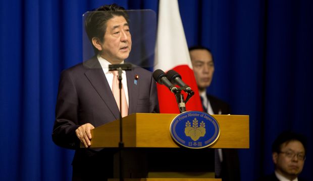 Japan's Prime Minister Shinzo Abe speaks during a press conference in Jerusalem, on January 20, 2015. (AP Photo/Sebastian Scheiner)