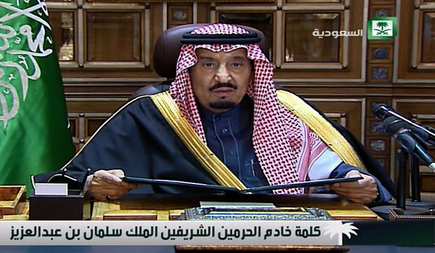 An image grab taken from Saudi state TV on January 23, 2015 shows Saudi Arabia's new King Salman in his first public address, in the Saudi capital Riyadh. (AFP/Saudi TV)