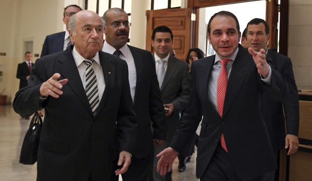 Sepp Blatter, president of FIFA (L), and FIFA Vice President Prince Ali Bin Al-Hussein meet in Amman, Jordan, on May 26, 2014. (AP Photo/Mohammad Hannon, File)