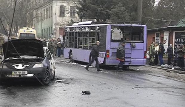 A still image from video footage shows the damaged public bus in Donetsk, on January 22, 2015. (Reuters/Reuters TV)