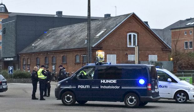 Emergency services gather outside a venue after shots were fired where an event titled "Art, blasphemy and the freedom of expression" was being held in Copenhagen, on February 14, 2015. (AP Photo/Polfoto, Janus Engel)