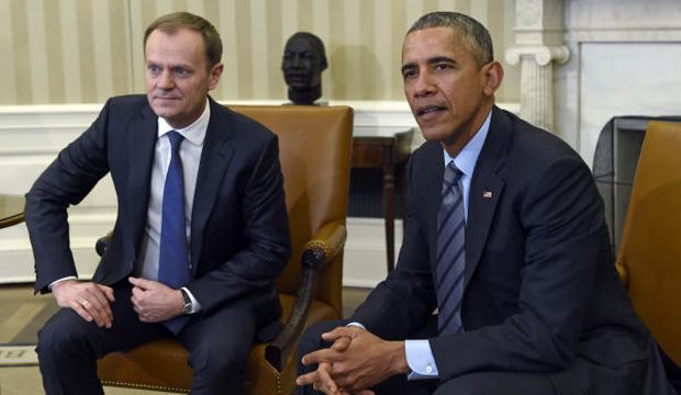 President Barack Obama meets with European Council President Donald Tusk in the Oval Office of the White House in Washington, on March 9, 2015. (AP Photo/Susan Walsh)