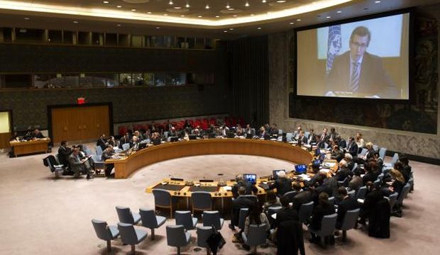 A wide view of the United Nations Security Council Chamber in New York is seen March 4, 2015 as Bernardino Léon (shown on screen), the special representative of the UN secretary-general and head of the UN Support Mission in Libya (UNSMIL), briefs the Council via video conference on the situation in that country. (AFP Photo/Handout/ United Nations/Mark Garten)