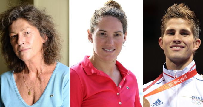 French Champion sailor Florence Arthaud (L), French Olympic gold medalist swimmer Camille Muffat (C) and French Olympic boxer Alexis Vastine. (AFP Photo/Jacques Demarthon/Jean-Christophe Magnenet/Bertrand Guay)