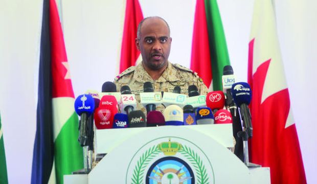 Saudi Defense Ministry spokesman Brig. Gen. Ahmed Asiri speaks to reporters gathered at the Riyadh Airbase in Saudi Arabia as he announces the end of Operation Decisive Storm, on April 21, 2015. (Asharq Al-Awsat/Meshal Al-Qudair)