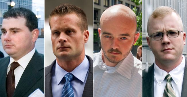 Former Blackwater guards, from left, Dustin Heard, Evan Liberty, Nicholas Slatten and Paul Slough were handed lengthy sentences for their role in a 2007 shooting in Iraq, on April 13, 2015. (AP Photo)