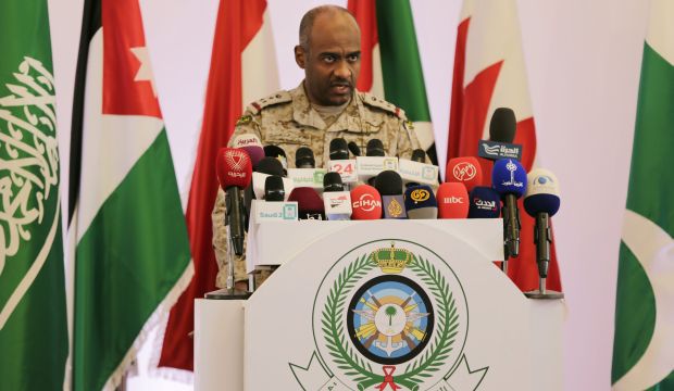 Saudi military spokesman Ahmed Asiri briefs journalists on the Saudi-led coalition's strikes on Houthi rebels in Yemen, in Riyadh, Saudi Arabia, on April 14, 2015. (AP Photo/Hasan Jamali)