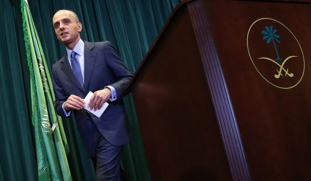 Saudi Arabia’s Ambassador to the US Adel Al-Jubeir departs after answering questions at a press conference at the Saudi Arabian embassy, in Washington, DC, on April 22, 2015. (AFP Photo/Getty Images/Win McNamee) 