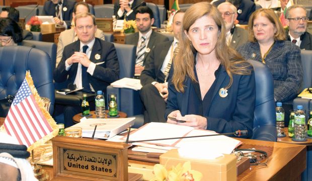 US Permanent Representative to the United Nations Samantha Power attends the Third International Humanitarian Pledging Conference for Syria in Bayan Palace March 31, 2015. (Reuters/Stephanie McGehee)