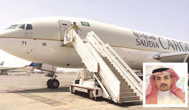 A Saudia Cargo jet is seen on the tarmac, (inset) Saudia Cargo Chief Executive Nabil Khoja. (Asharq Al-Awsat)